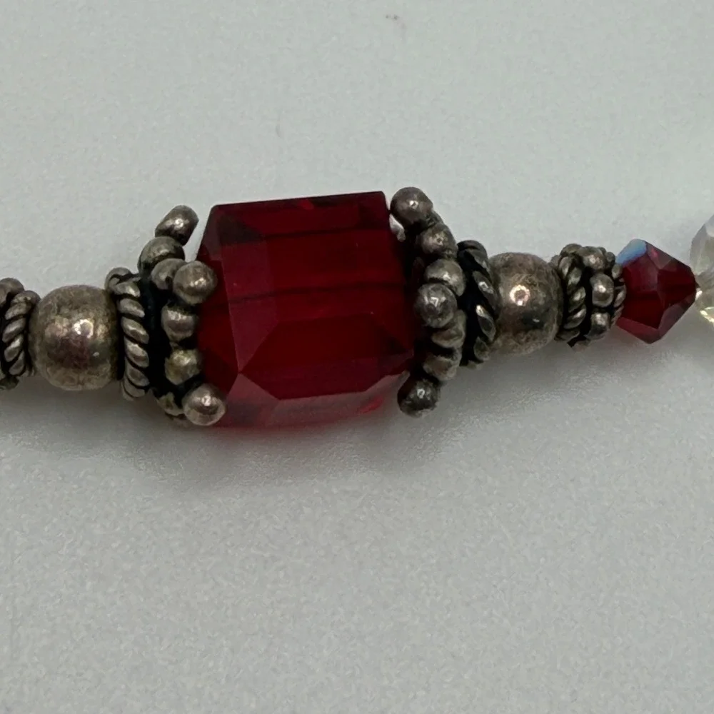 VTG Style Red Ruby AB Crystal Beaded Toggle Bracelet Quilted Heart Charm Sweet